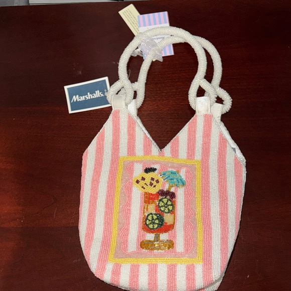 Handmade in India Handbags - Marshalls Pink & White Beaded Stripe Shoulder Tote with Tropical Motif